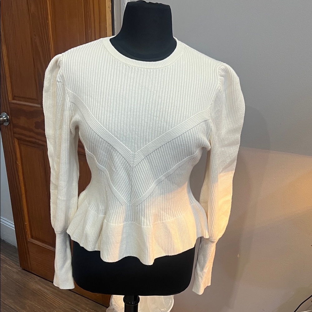 Express Cream Ribbed Peplum Blouse